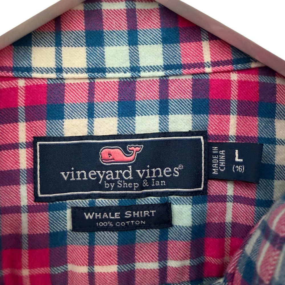 Vineyard Vines Kids Large 16 Whale Shirt Pink Blue Plaid Button Down Cotton Long - Picture 3 of 5